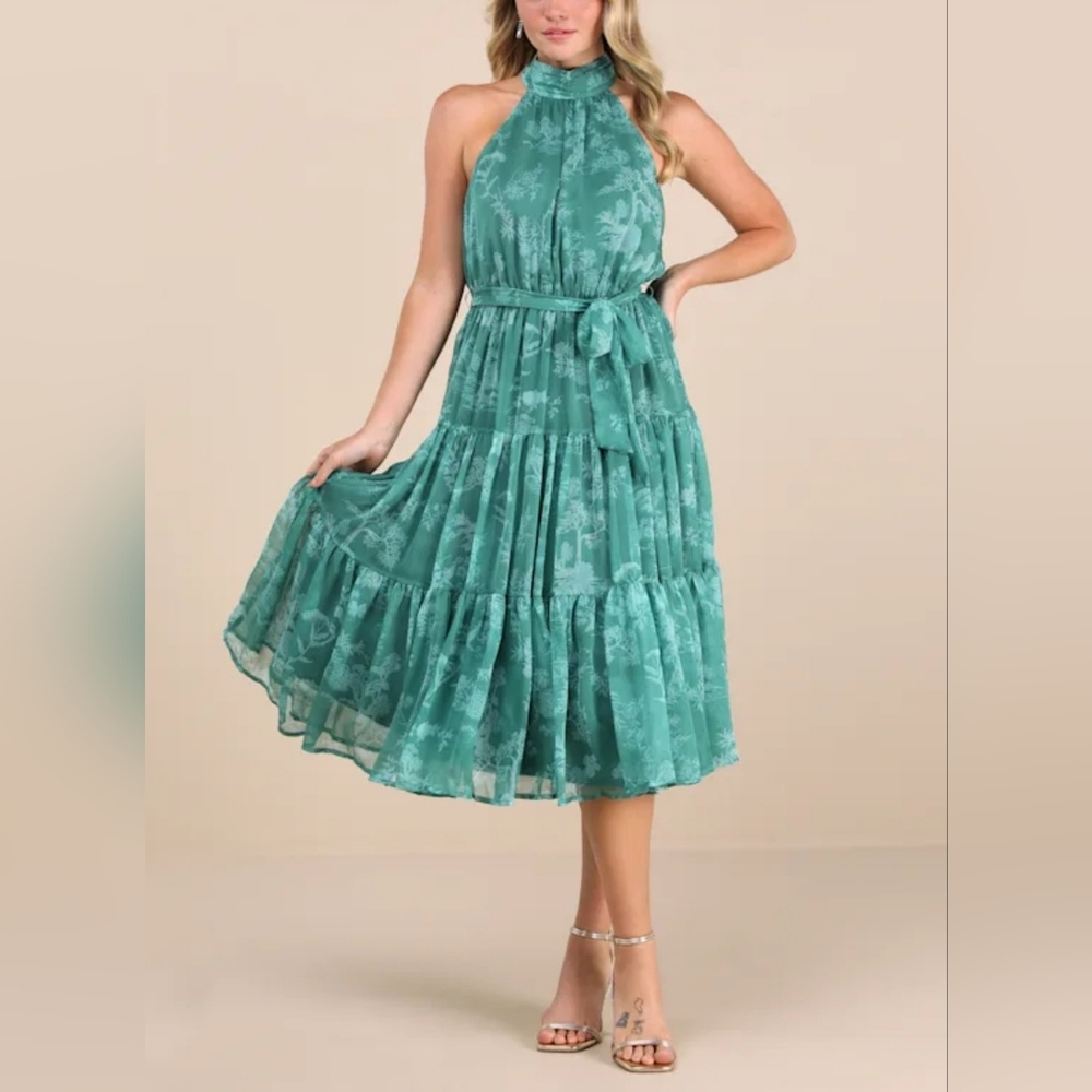 Lulus Float to You Green Floral Halter Tiered Midi Dress Size M Feminine